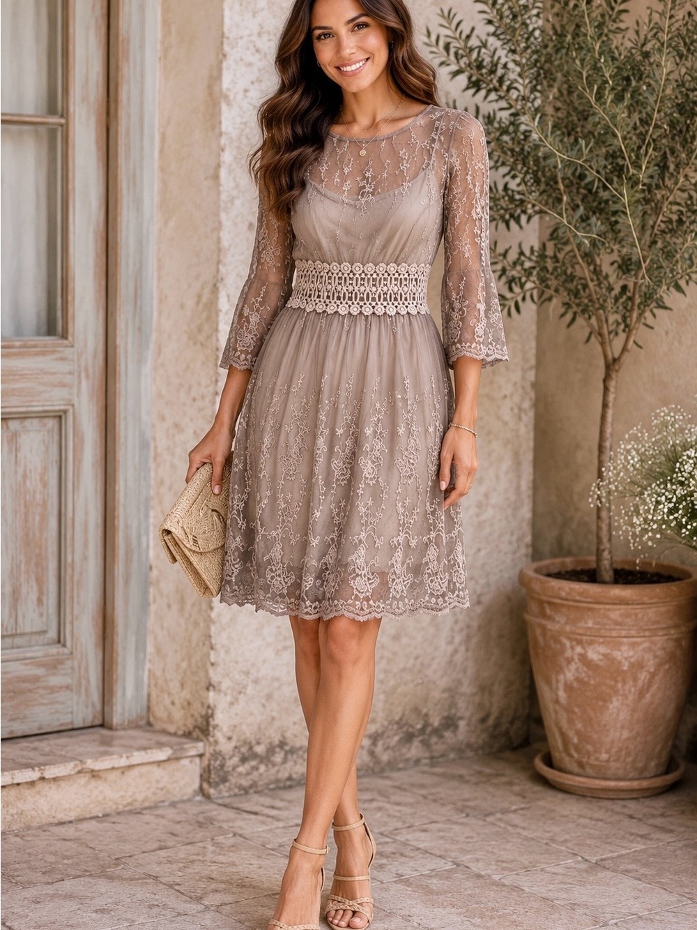 American Rag Taupe Lace Midi Dress with Crochet Waist